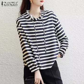 ZANZEA Женская повседневная блузка с длинным рукавом в полоску с капюшоном S жёлтый
