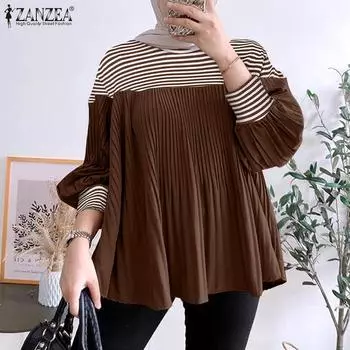 ZANZEA Женская повседневная блузка с длинным рукавом в полоску в стиле пэчворк S чёрный