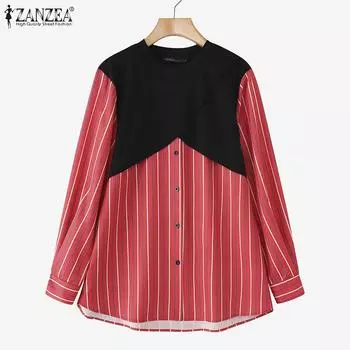 ZANZEA Женская повседневная блузка с длинным рукавом в полоску в стиле пэчворк S красный