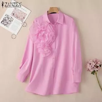 ZANZEA Женская повседневная блузка с длинным рукавом и 3D-цветком M белый
