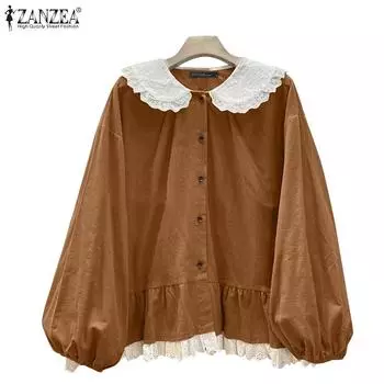 ZANZEA Женская повседневная блузка с длинным рукавом и воротником-куклой в стиле пэчворк S бежевый