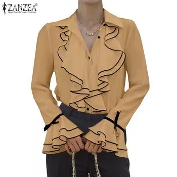 ZANZEA Женская повседневная блузка с длинным рукавом и свободными оборками L белый