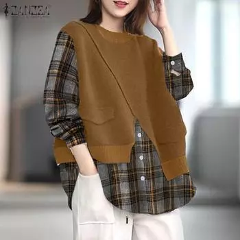 ZANZEA Женская повседневная блузка с длинным рукавом в полоску в стиле пэчворк S темно-синий