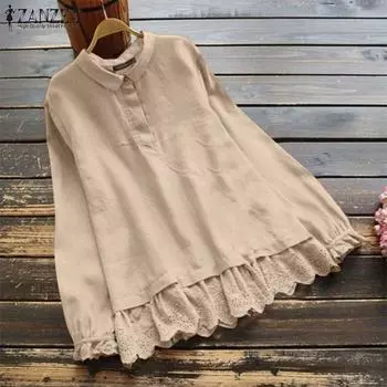 ZANZEA Женская повседневная блузка с длинным рукавом и кружевом в стиле пэчворк темно-синий