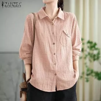 ZANZEA Женская повседневная блузка с длинным рукавом и клетчатым принтом S чёрный