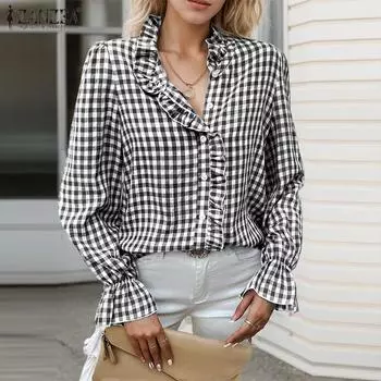 ZANZEA Женская повседневная блузка с длинным рукавом и оборками в сетку S чёрный