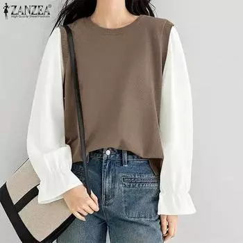 ZANZEA Женская повседневная блузка с длинным рукавом в стиле пэчворк S чёрный