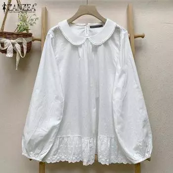 ZANZEA Женская повседневная блузка с длинным рукавом из кружева в стиле пэчворк S белый