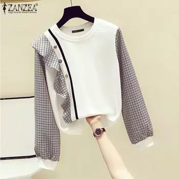 ZANZEA Женская повседневная блузка с длинным рукавом и круглым вырезом в клетку с принтом в стиле пэчворк S чёрный