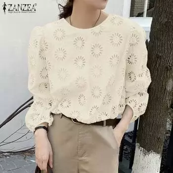 ZANZEA Женская повседневная блузка с длинным рукавом и кружевом, связанная крючком S темно-синий