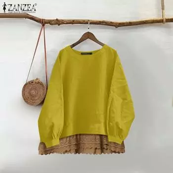 ZANZEA Женская повседневная блузка с длинным рукавом в стиле пэчворк S жёлтый