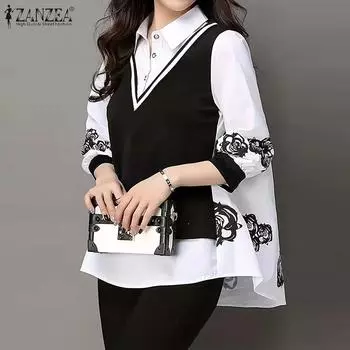 ZANZEA Женская повседневная блузка с длинным рукавом из двух частей в стиле пэчворк L белый