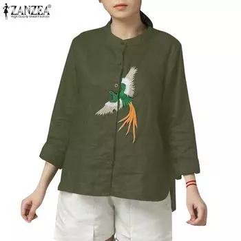 ZANZEA Женская повседневная блузка с длинным рукавом и вышивкой XL темно-зеленого