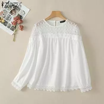 ZANZEA Женская повседневная блузка с длинным рукавом и кружевом в стиле пэчворк 5XL хаки