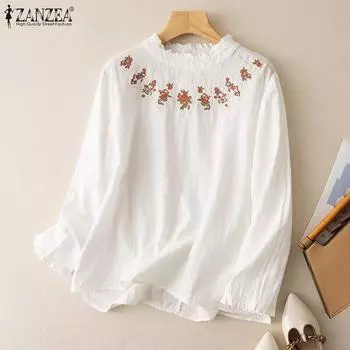 ZANZEA Женская повседневная блузка с длинным рукавом и круглым вырезом, свободная, с вышивкой 3XL белый