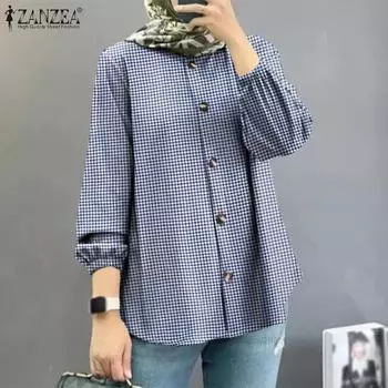 ZANZEA Женская повседневная блузка с длинным рукавом и клетчатым принтом 2XL чёрный
