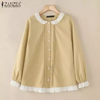 ZANZEA Женская повседневная блузка с длинным рукавом и круглым вырезом в стиле пэчворк S белый