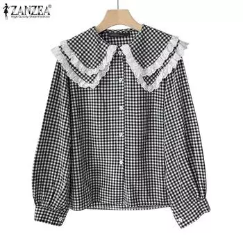 ZANZEA Женская повседневная блузка с длинным рукавом и воротником-куклой в клетку S чёрный