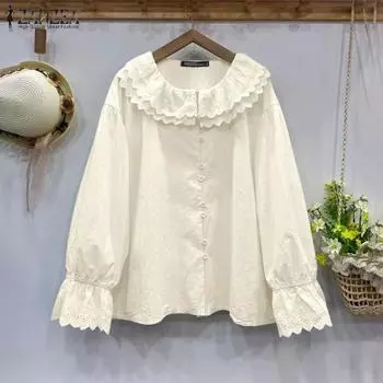 ZANZEA Женская повседневная блузка с длинным рукавом и оборками в стиле пэчворк S бежевый