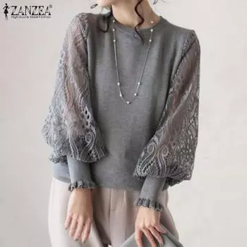 ZANZEA Женская повседневная блузка с длинным рукавом и кружевом с круглым вырезом S чёрный