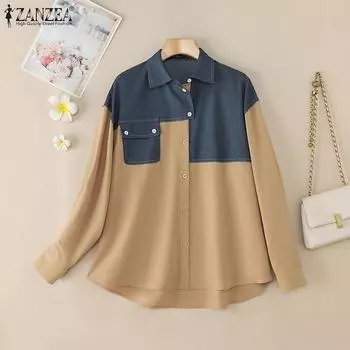 ZANZEA Женская повседневная блузка с длинным рукавом в стиле пэчворк с отложным воротником S хаки