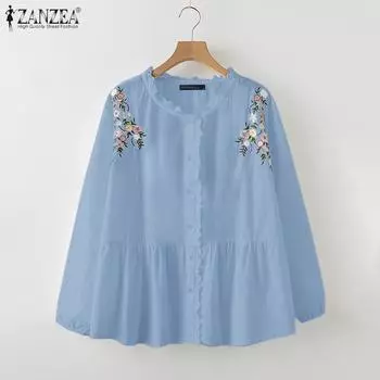 ZANZEA Женская повседневная блузка с длинным рукавом в стиле пэчворк с цветочной вышивкой S белый