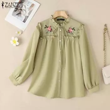 ZANZEA Женская повседневная блузка с длинным рукавом и цветочной вышивкой в стиле пэчворк S