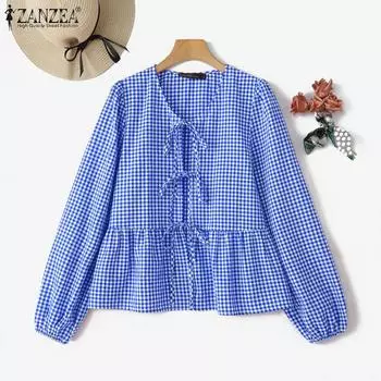 ZANZEA Женская повседневная блузка с длинным рукавом и принтом в сетку на шнуровке M красный