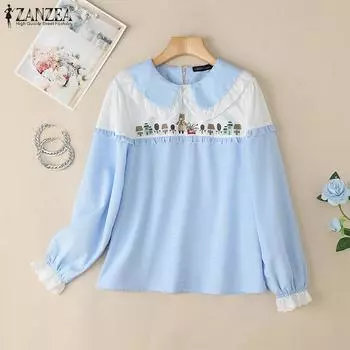 ZANZEA Женская повседневная блузка с длинным рукавом и воротником-стойкой в стиле пэчворк S синий