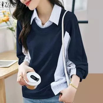 ZANZEA Женская повседневная блузка с длинным рукавом в стиле пэчворк и отложным воротником S серый