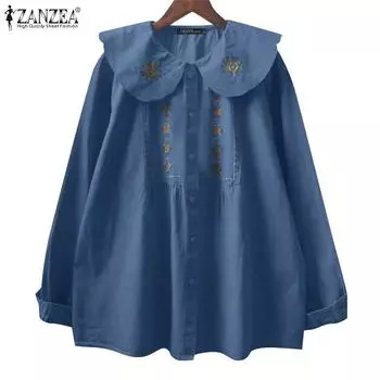 ZANZEA Женская повседневная блузка с длинным рукавом и воротником-куклой S синий