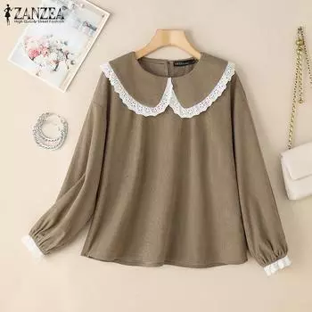 ZANZEA Женская повседневная блузка с длинным рукавом и воротником-куклой в стиле пэчворк S хаки