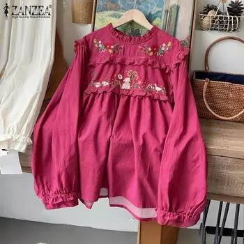 ZANZEA Женская повседневная блузка с длинным рукавом и оборками по краю с цветочным принтом S темно-розовый