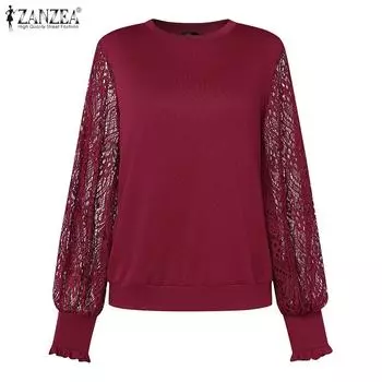 ZANZEA Женская повседневная блузка с длинным рукавом и кружевом с круглым вырезом L чёрный