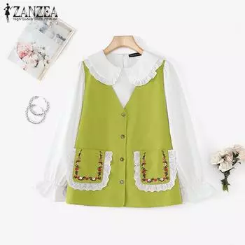 ZANZEA Женская повседневная блузка с длинным рукавом и воротником-стойкой в стиле пэчворк S чёрный