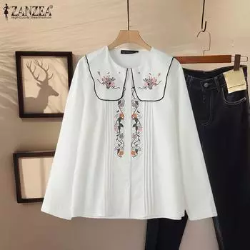 ZANZEA Женская повседневная блузка с длинным рукавом и вышитым цветочным узором S белый