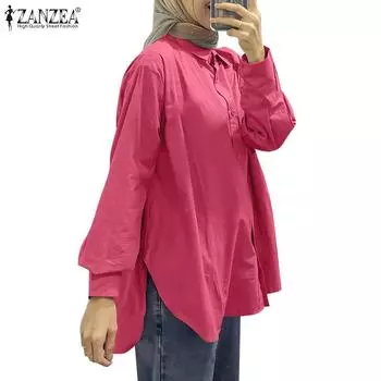 ZANZEA Женская повседневная блузка с длинным рукавом и отложным воротником с разрезом подол, рубашки