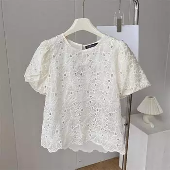 ZANZEA Женская повседневная блузка с коротким рукавом и круглым вырезом, вышитая в стиле пэчвоук L бежевый