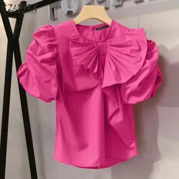 ZANZEA Женская повседневная блузка с коротким рукавом и круглым вырезом, с бантом 2XL белый