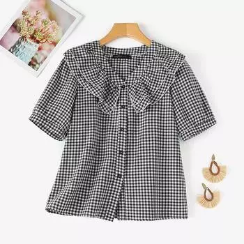 ZANZEA Женская повседневная блузка с коротким рукавом и V-образным вырезом в клетку S чёрный