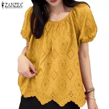ZANZEA Женская повседневная блузка с коротким рукавом и ажурным кружевом 5XL жёлтый