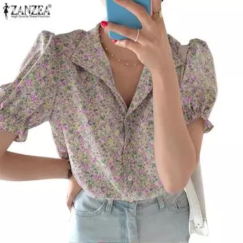 ZANZEA Женская повседневная блузка с коротким рукавом с отложным воротником и цветочным принтом