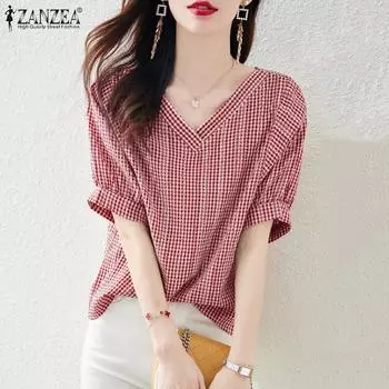 ZANZEA Женская повседневная блузка с коротким рукавом и сетчатым принтом S зелёный