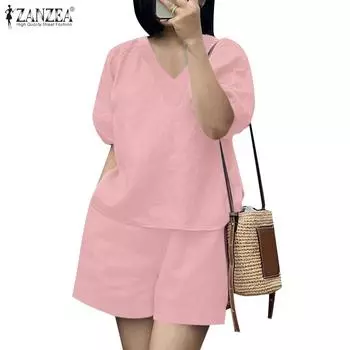 ZANZEA Женская повседневная блузка с коротким рукавом и шорты Летний комплект из двух предметов S розовый