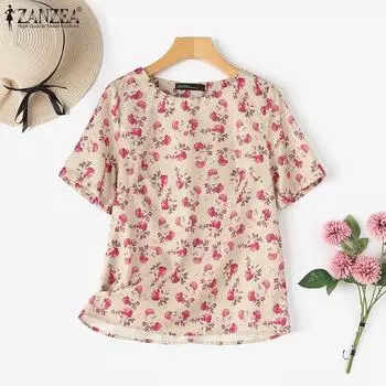 ZANZEA Женская повседневная блузка с короткими рукавами и круглым вырезом с цветочным принтом 4XL красный