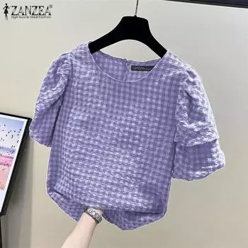 ZANZEA Женская повседневная блузка с короткими рукавами и круглым вырезом в клетку с принтом S темно-розовый