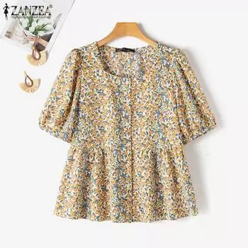 ZANZEA Женская повседневная блузка с короткими рукавами и круглым вырезом с цветочным принтом S оранжевый