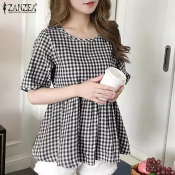 ZANZEA Женская повседневная блузка с короткими рукавами и круглым вырезом в клетку с принтом 2XL чёрный