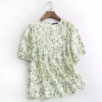 ZANZEA Женская повседневная блузка с круглым вырезом, цветочным принтом и коротким рукавом S зелёный
