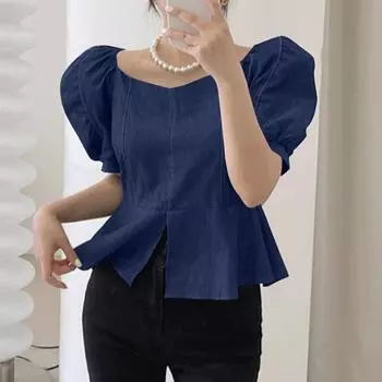 ZANZEA Женская повседневная блузка с круглым вырезом, пышными рукавами и однотонной расцветкой, свободного кроя S темно-синий